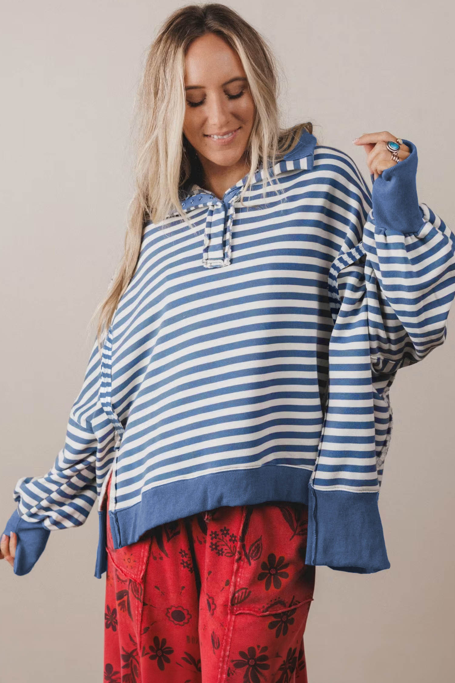 Cotton Blend Striped Sweatshirt, Comfy Women's Apparel - Detail View 6