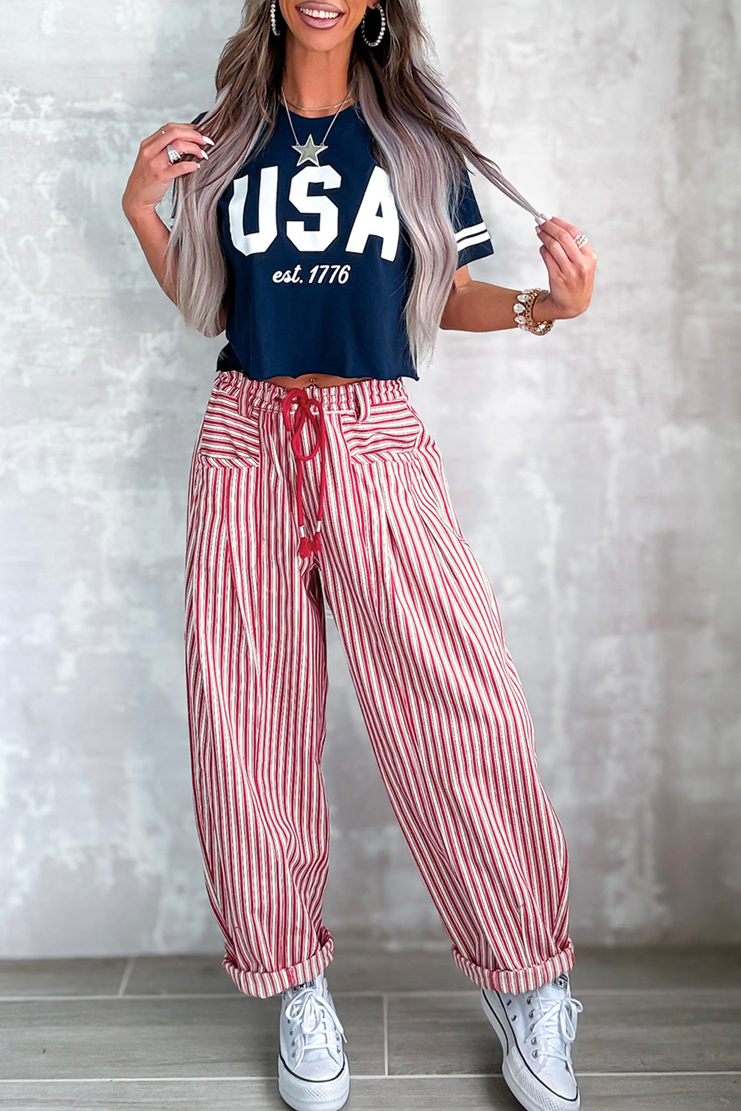 Relaxed Fit Striped Trousers, Cotton Drawstring Casual Pants - Detail View 6