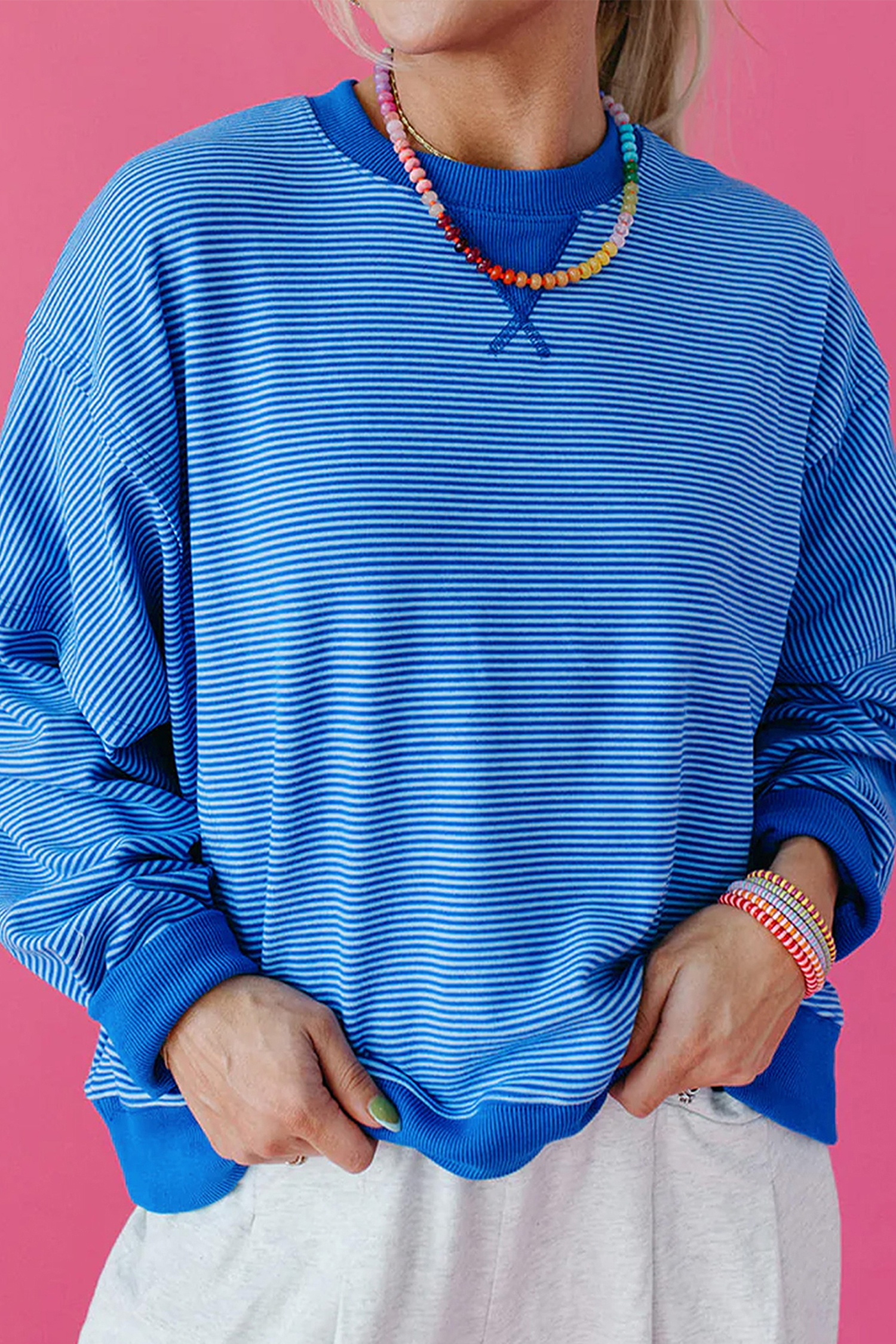 Women's Round Neck Pullover, Soft Stripe Daily Autumn Wear - Detail View 6