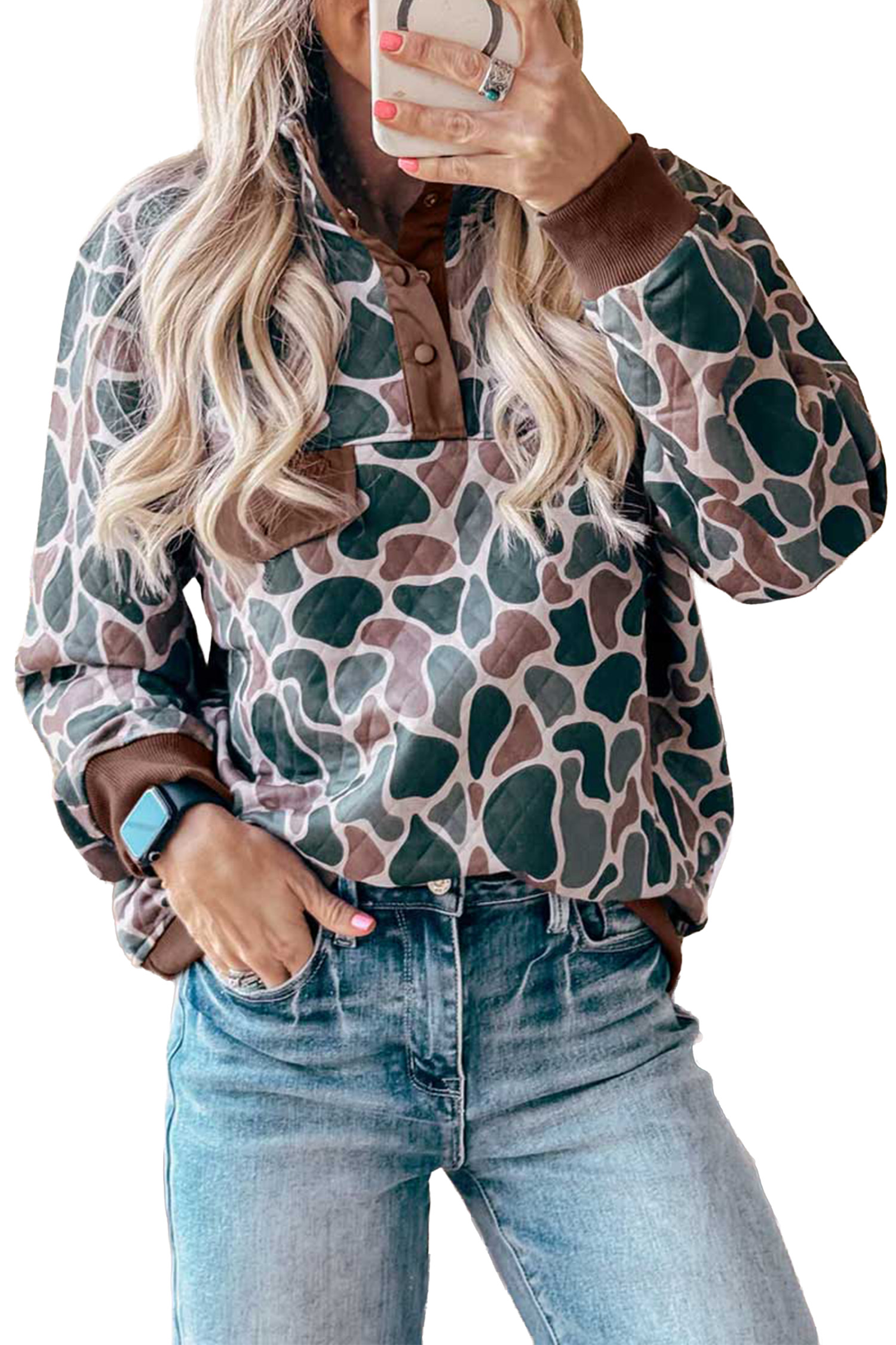 Camo Women's Pullover Sweatshirt, Casual Daily Stand Neck - Main View