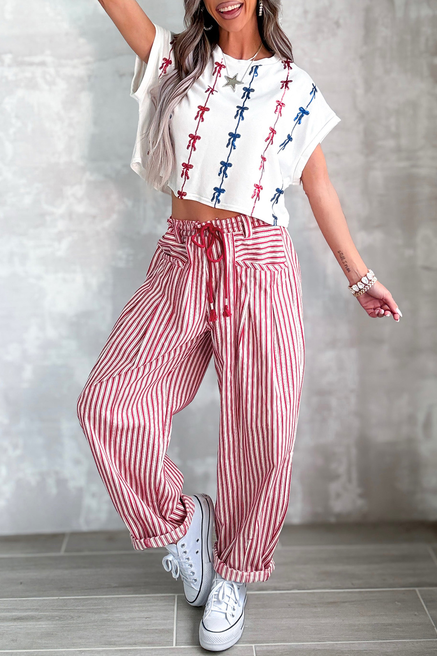 High Waisted Striped Pants, Comfortable Cotton Daily Bottoms - Detail View 5