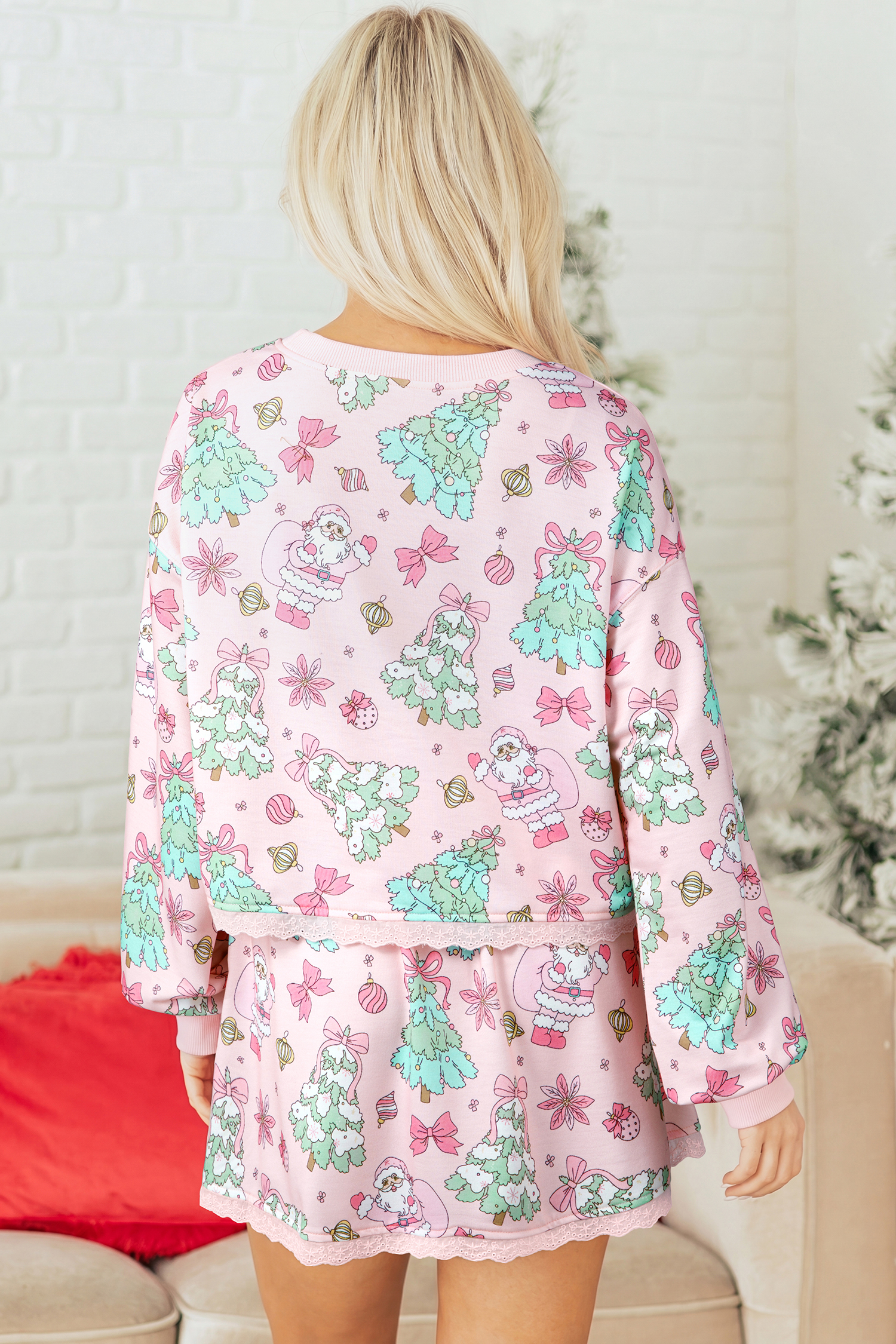Pink Christmas Skirt Set, Festive Santa Print Long Sleeve - Detail View 2