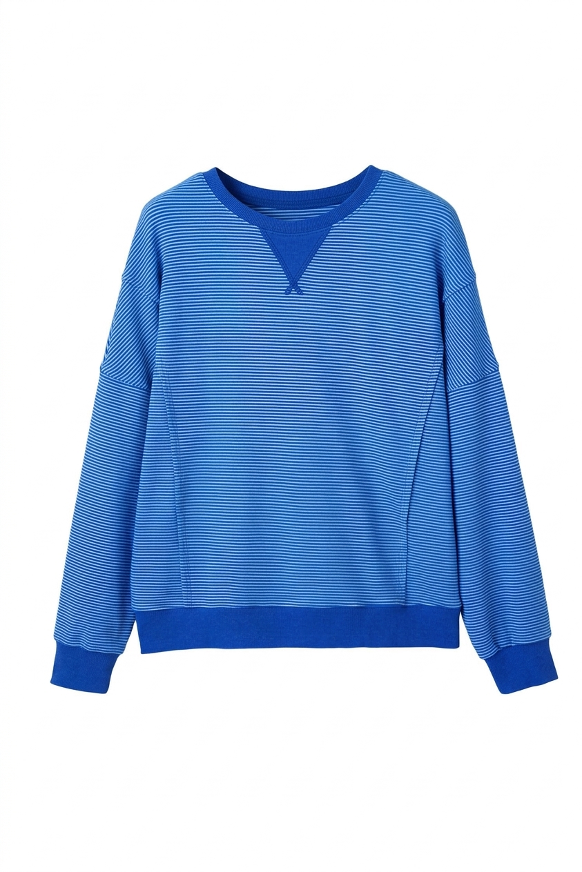 Women's Blue Striped Pullover, Casual Long Sleeve Crew Neck - Main View