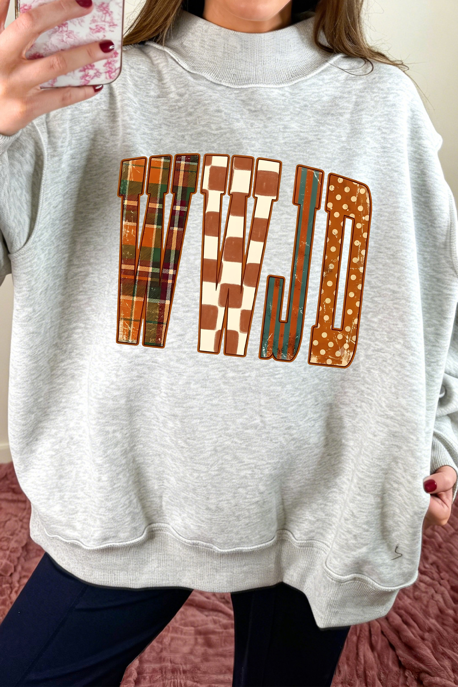 Women's WWJD Mock Neck Sweatshirt, Casual Daily Pullover - Detail View 7