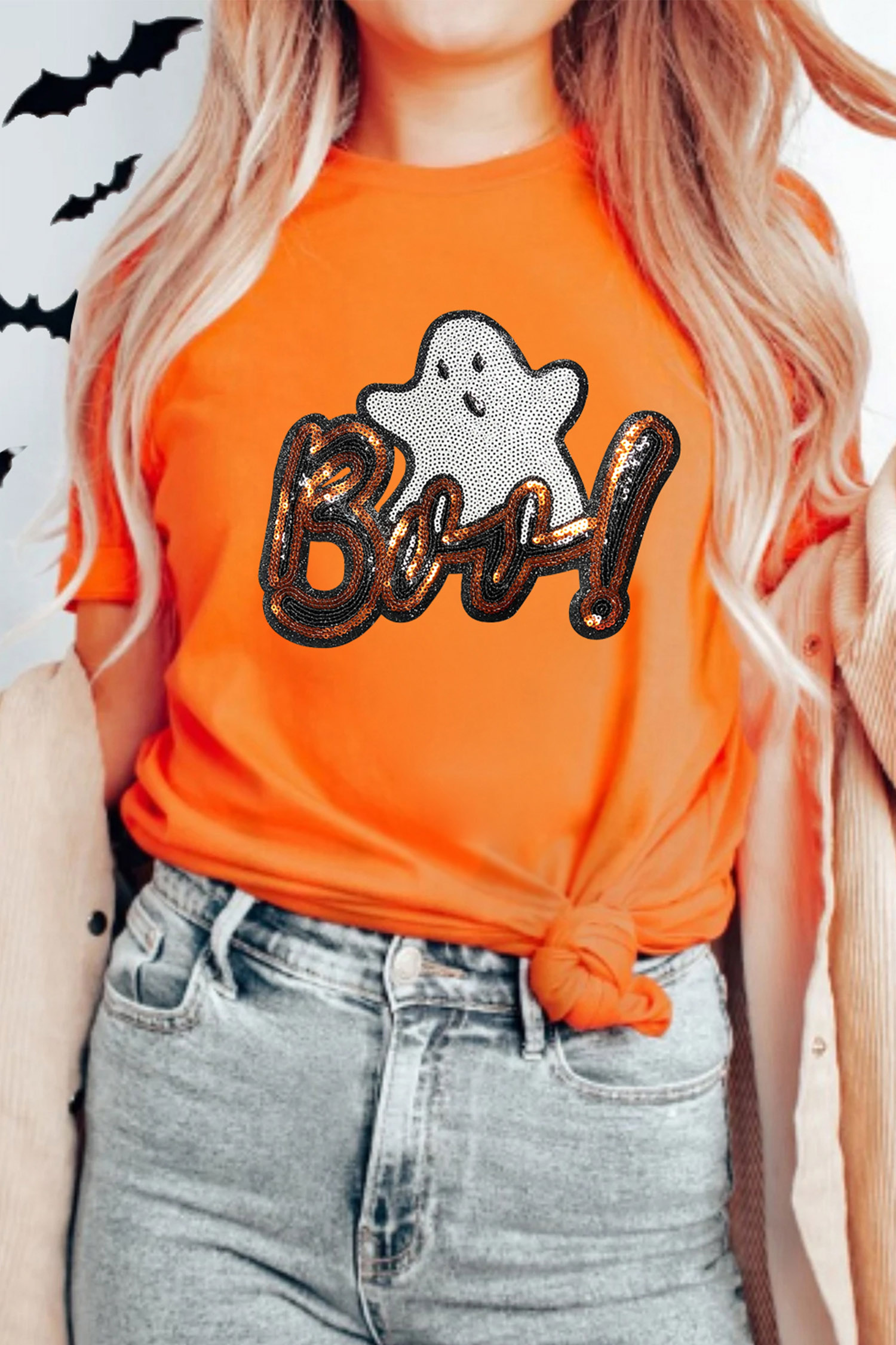Women's Cotton Blend Ghost Tee, Soft Orange Halloween Shirt - Detail View 3