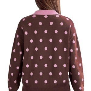 Women's Polka Dot Collared Sweater, Casual Loose Pullover - Main View