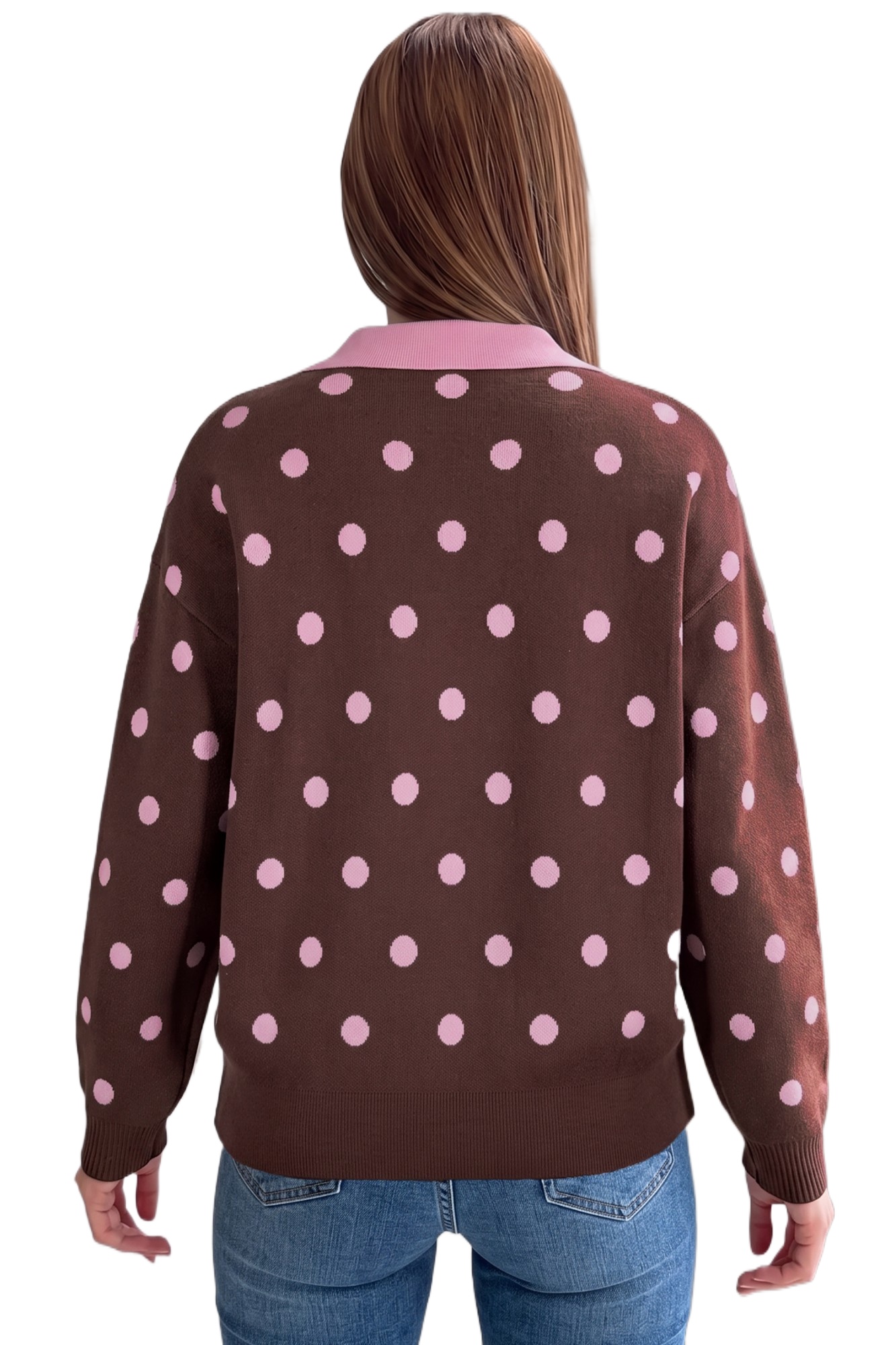 Women's Polka Dot Collared Sweater, Casual Loose Pullover - Main View