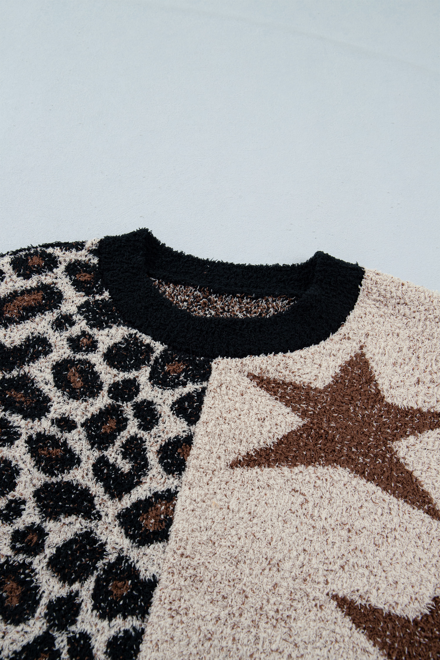 Gray Leopard Star Sweater, Round Neck Women's Daily - Detail View 10