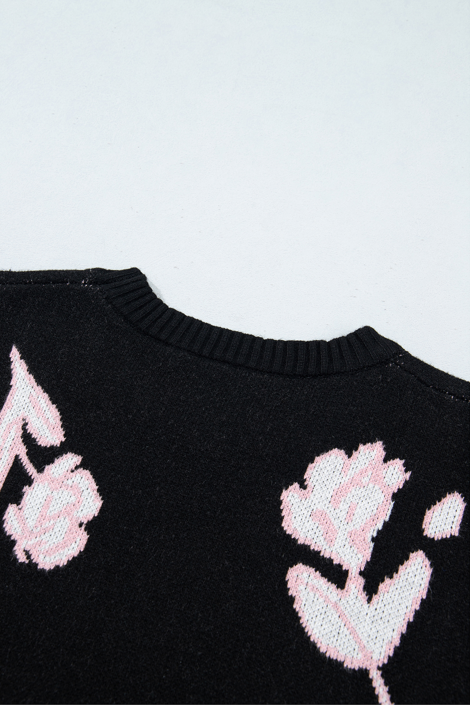 Women's Black Floral Knit Sweater, Casual Long Sleeve Pullover - Detail View 10