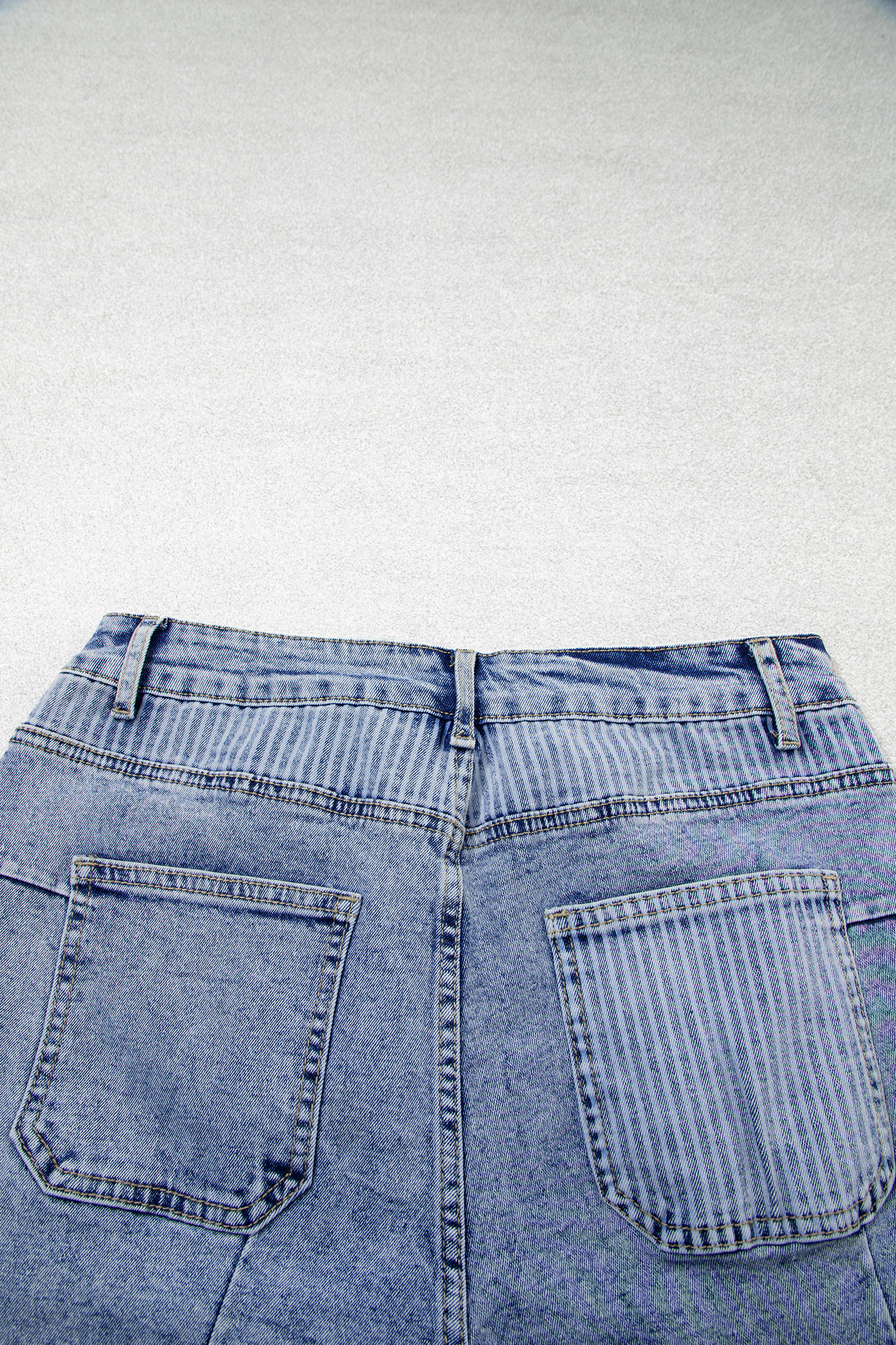 Sky Blue Paisley Striped Denim Shorts, Raw Hem Casual Summer - Detail View 8