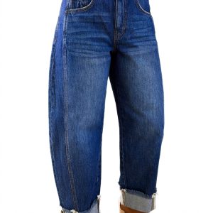 Women's Loose Barrel Jeans, Sail Blue High Waist Denim - Main View