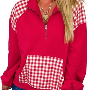 Red Plaid Women's Sweatshirt, Casual Quarter Zip Fall Top - Main View