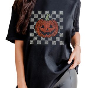 Women's Pumpkin Halloween T Shirt, Rhinestone Graphic Tee - Main View