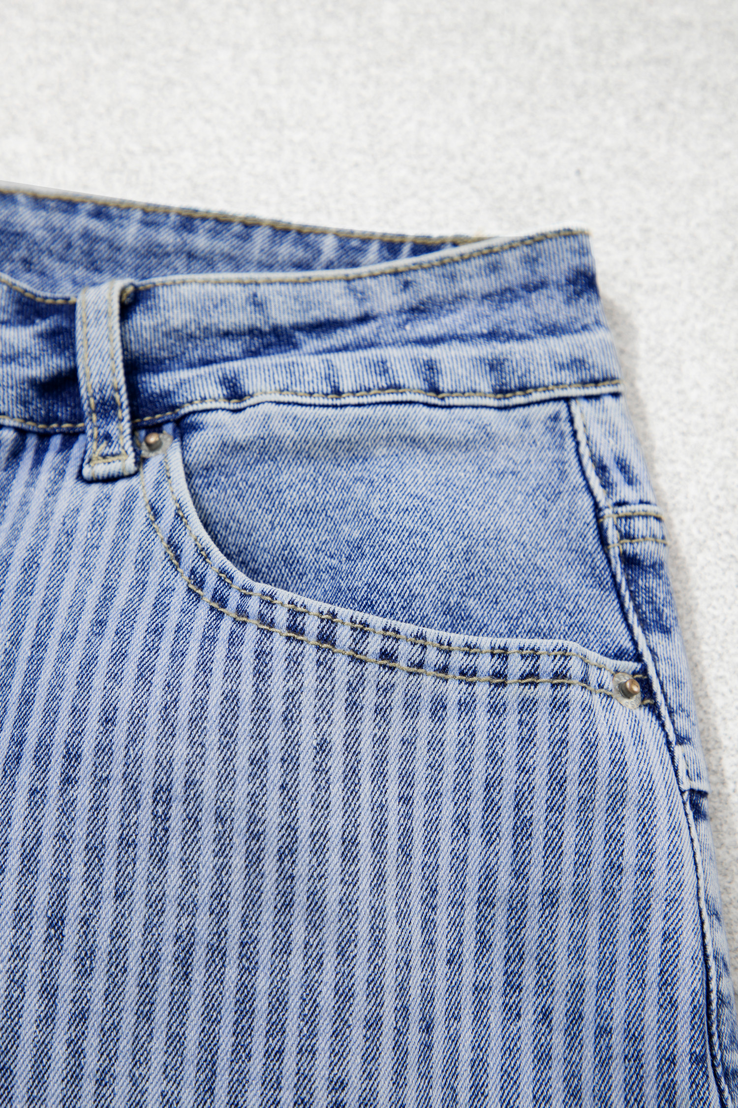 Sky Blue Paisley Striped Denim Shorts, Raw Hem Casual Summer - Detail View 11