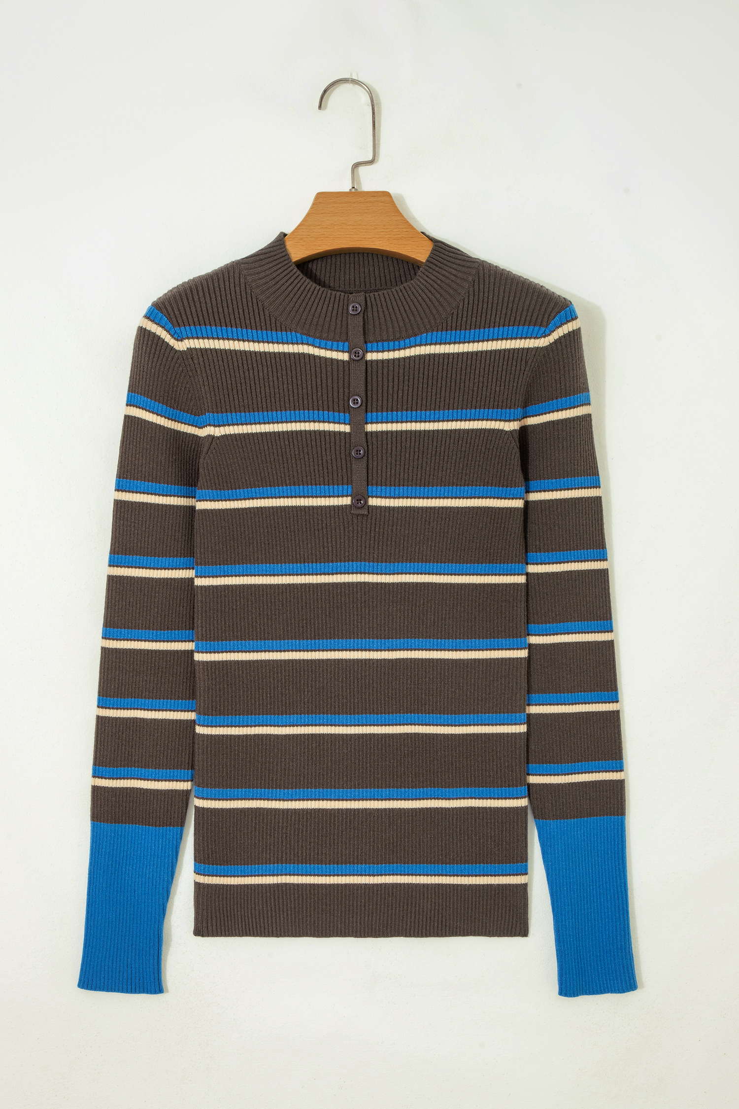 Women's Striped Knit Pullover, Contrast Cuff Button Top - Detail View 8