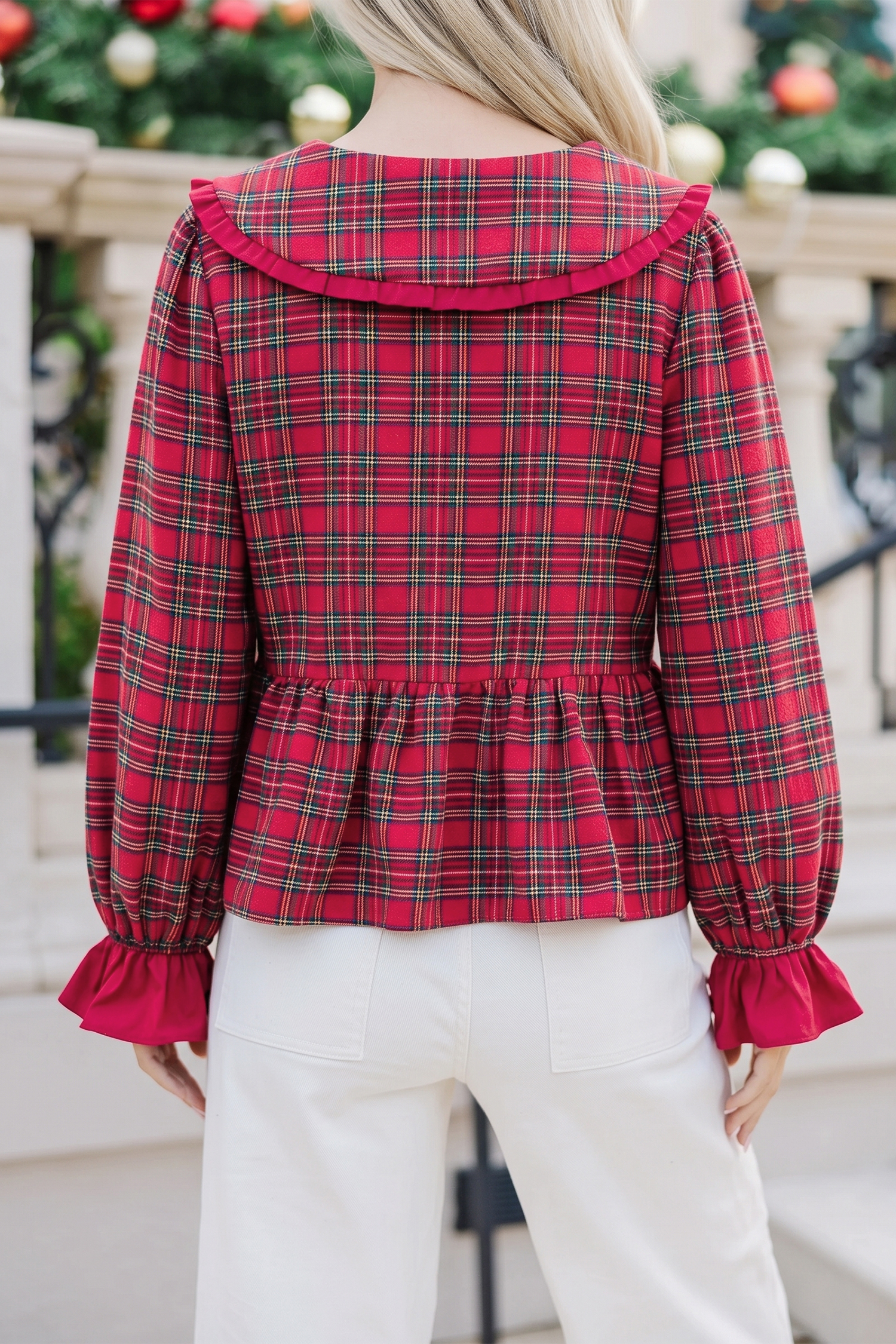 Plaid Bow Tie Collar Blouse, Women's Holiday Top - Detail View 2