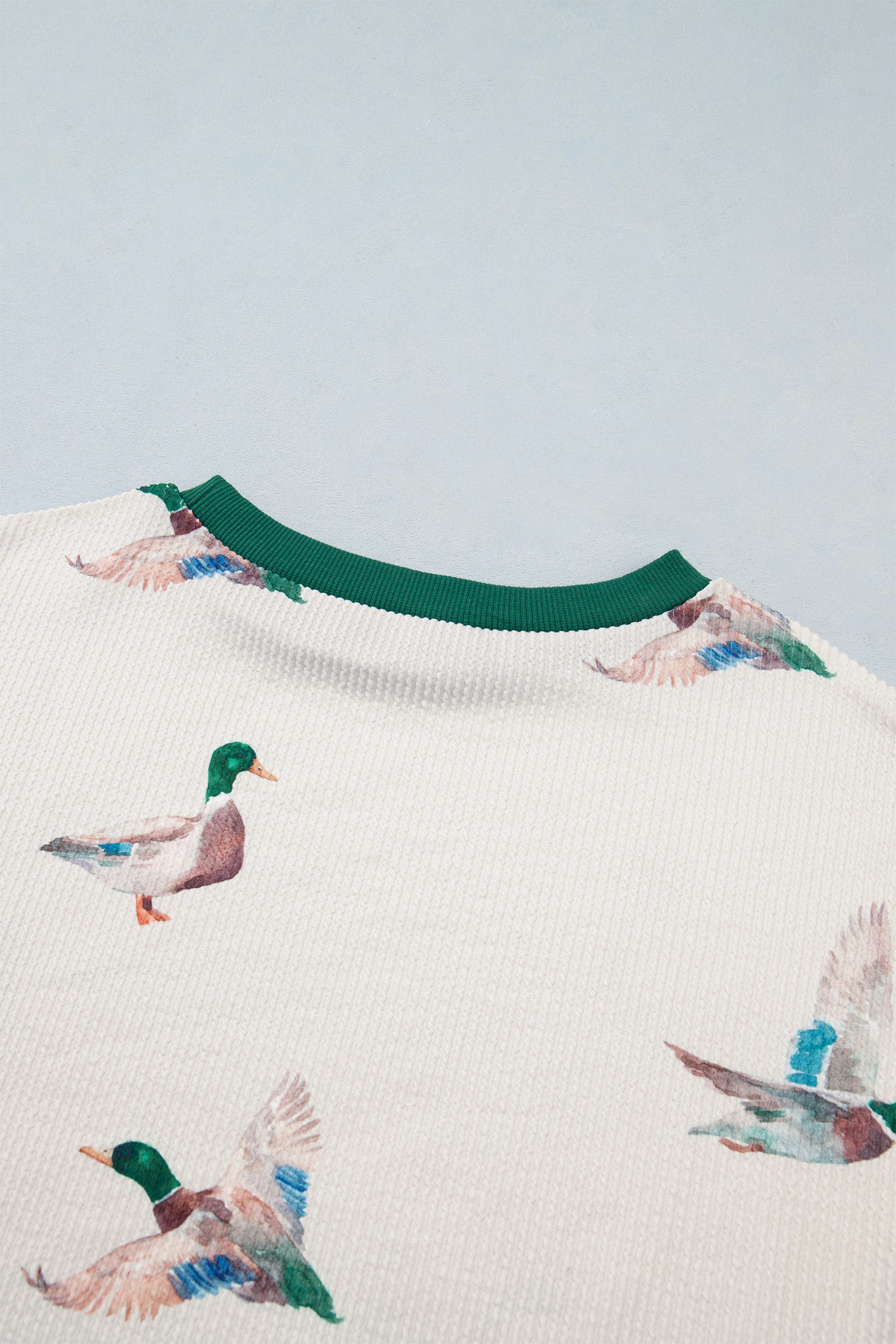 Women's Duck Print Pullover, Beige Corded Crewneck Top - Detail View 10