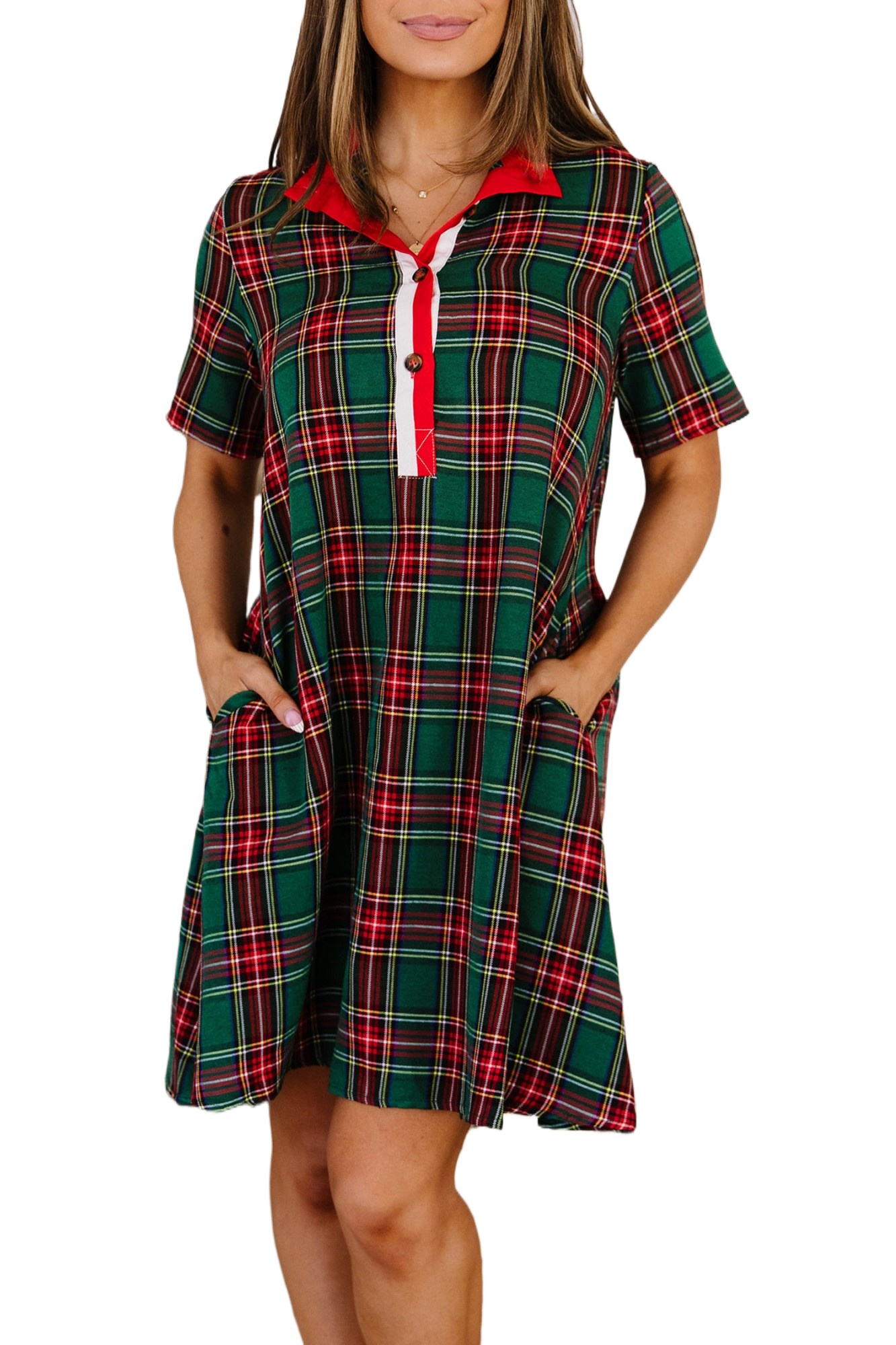 Casual Plaid Women's Shift Dress, Button Front Daily Wear - Main View
