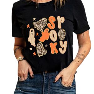 Black Halloween T Shirt, Spooky Ghost Casual Women Wear - Main View