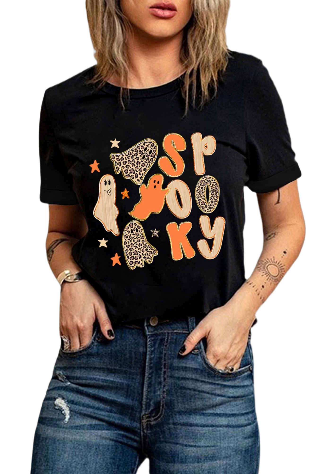 Black Halloween T Shirt, Spooky Ghost Casual Women Wear - Main View