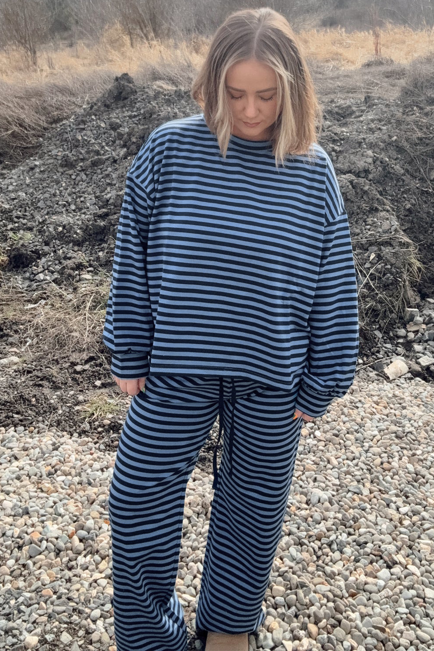 Striped Two Piece Set, Women's Long Sleeve Lounge Pants - Detail View 5