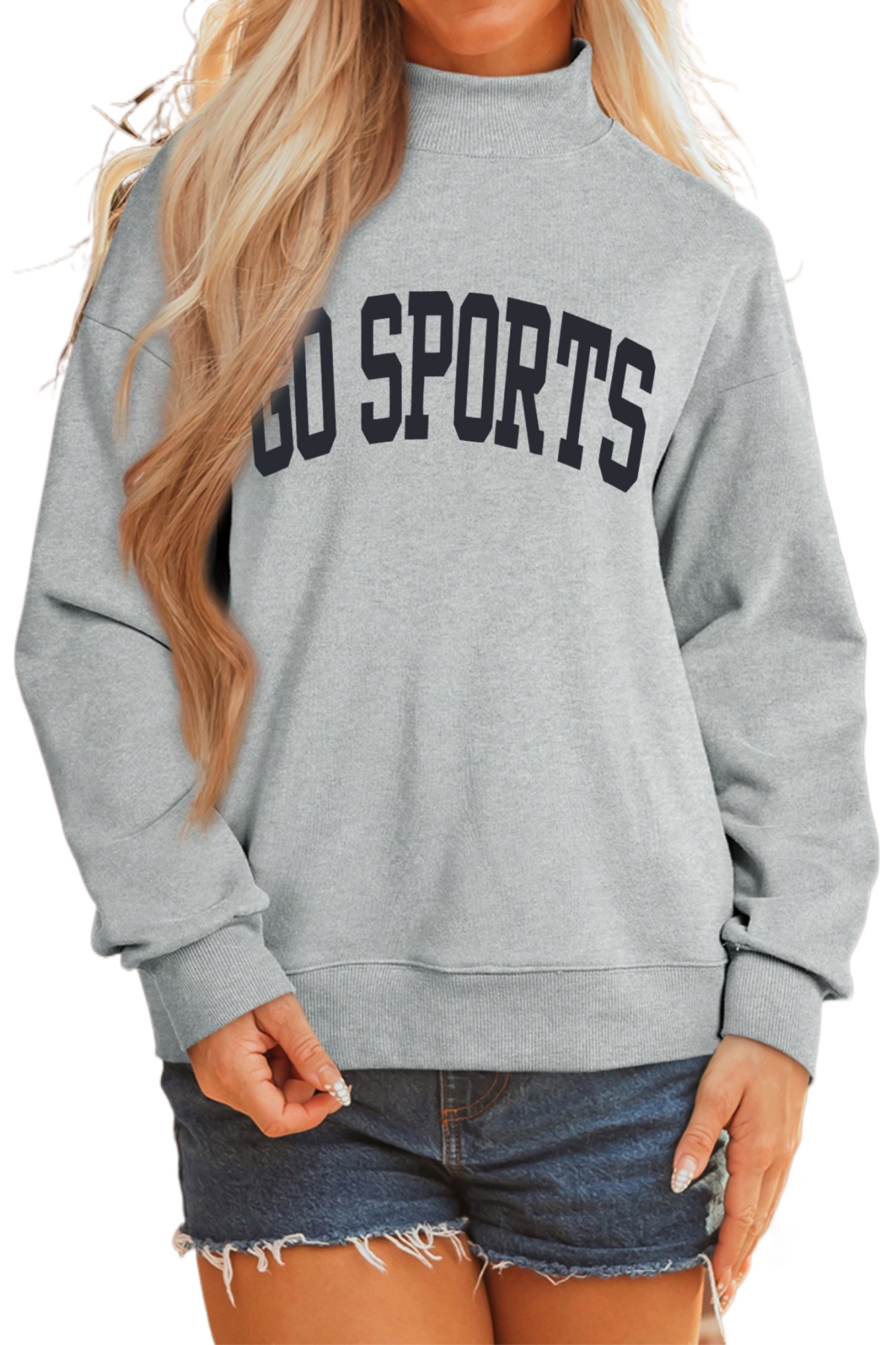 Women's Gray Mock Neck Sweatshirt, Casual Graphic Pullover - Main View