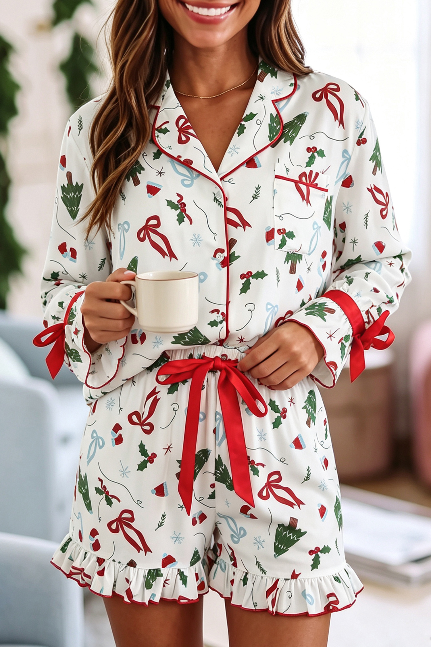 Cozy Women's Christmas PJs, Long Sleeve Lounge Set With Ties - Detail View 3