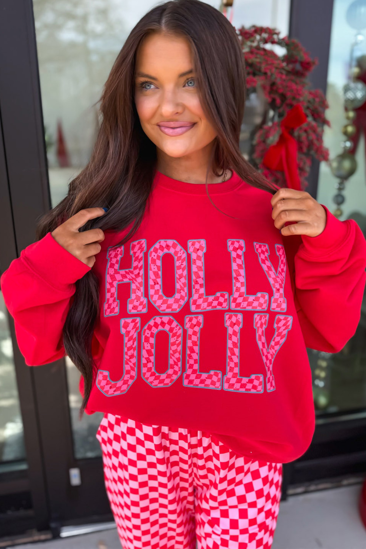 Red Christmas Pant Set, Casual Long Sleeve Women Loungewear - Detail View 7