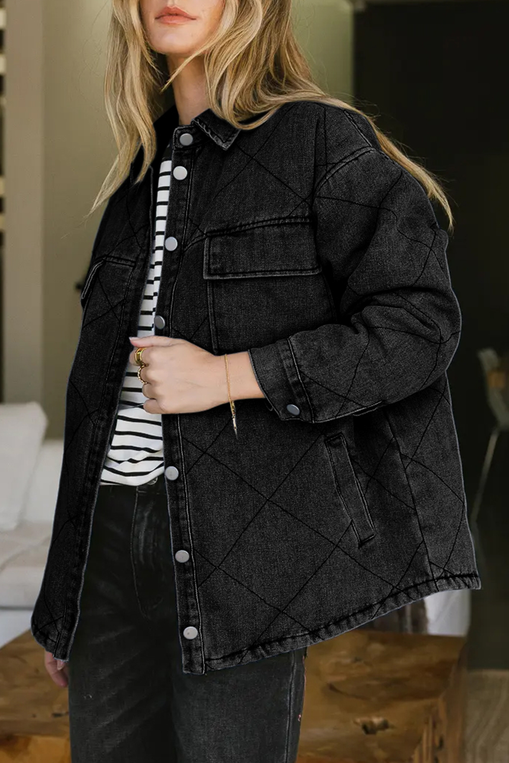 Cotton Blend Denim Jacket, Women's Button Up Autumn Coat - Detail View 6