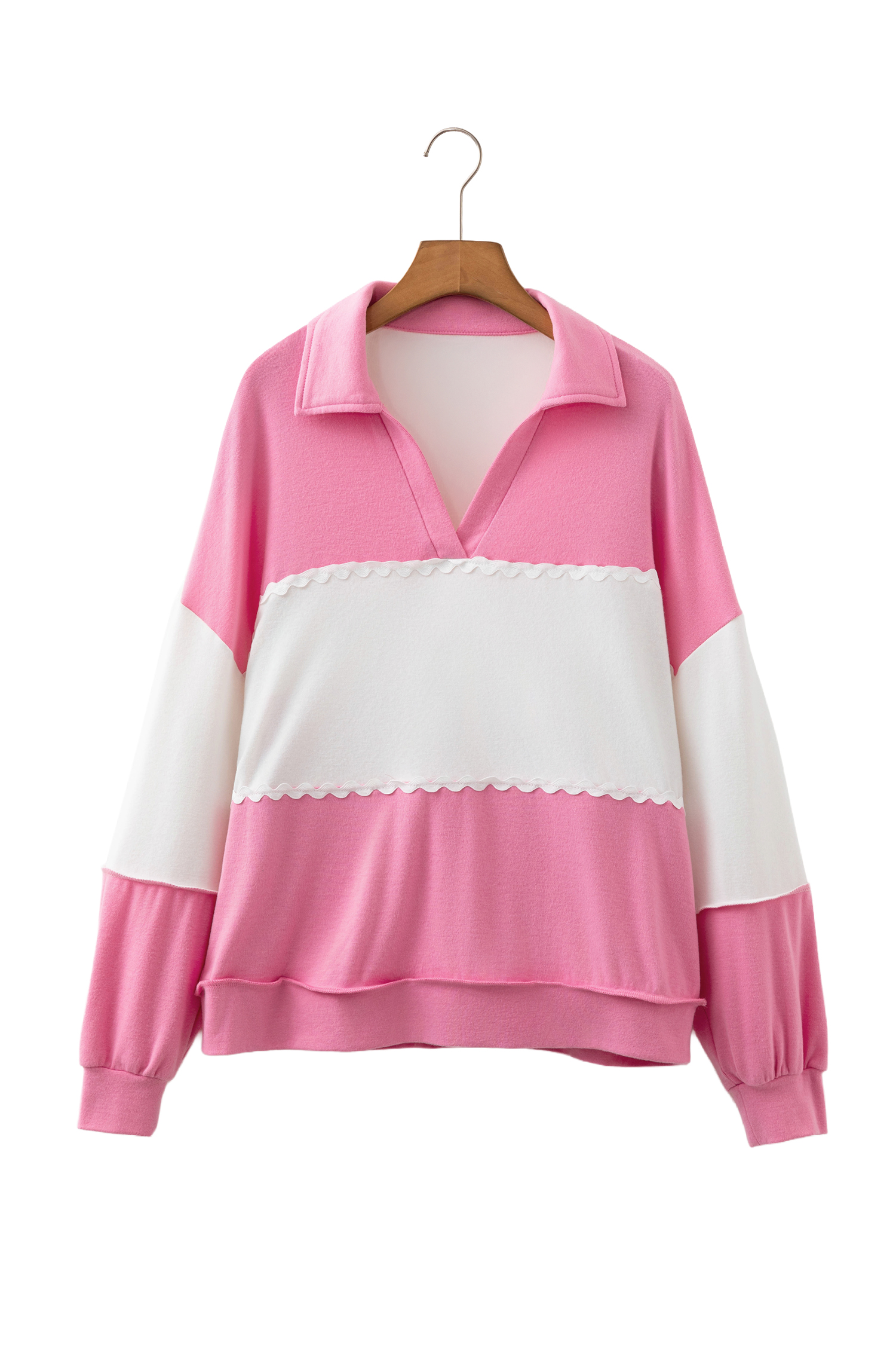 Long Sleeve Patchwork Shirt, Chic Ricrac Collar Pullover - Detail View 8