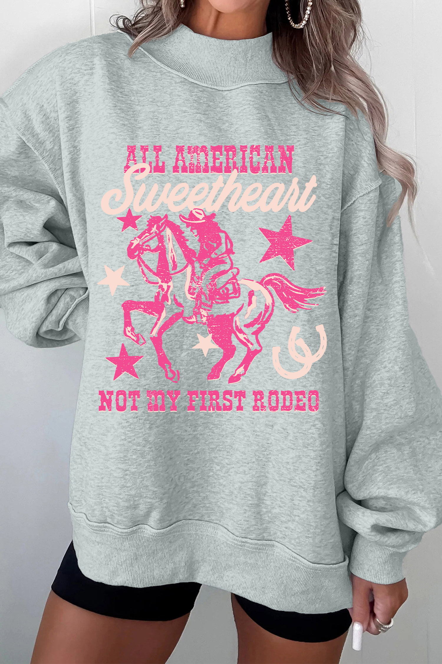 Women's Western Graphic Sweatshirt, Casual Gray Mock Neck - Detail View 7