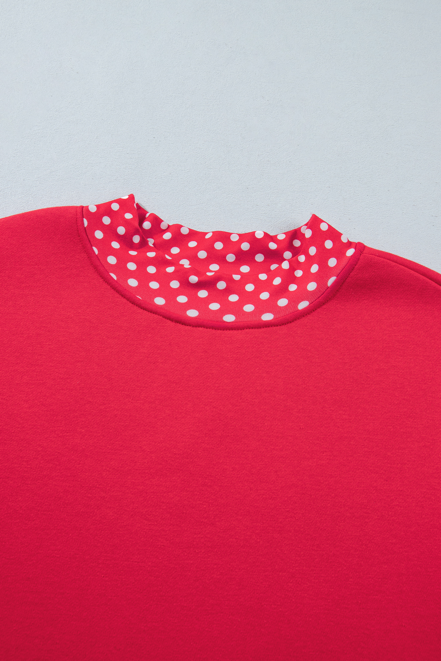 Oversized Red Mock Neck Sweatshirt, Polka Dot Trim Detail - Detail View 5