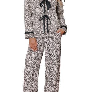 Women's Leopard Print Lounge Set, Long Sleeve Pajama Outfit - Main View