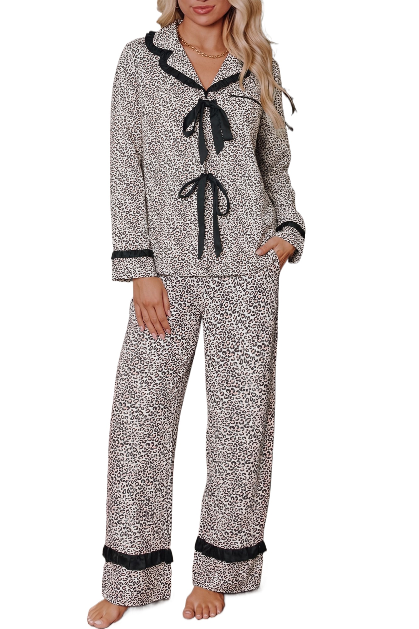 Women's Leopard Print Lounge Set, Long Sleeve Pajama Outfit - Main View