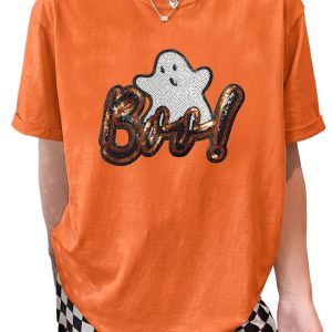 Women's Halloween Ghost Tee, Casual Orange Short Sleeve - Main View