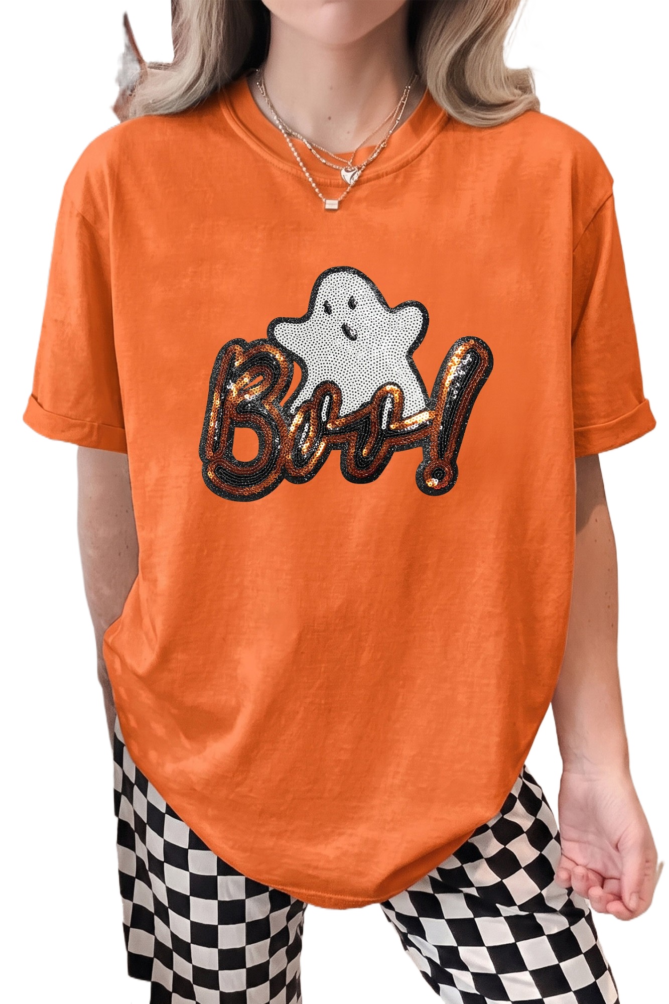 Women's Halloween Ghost Tee, Casual Orange Short Sleeve - Main View