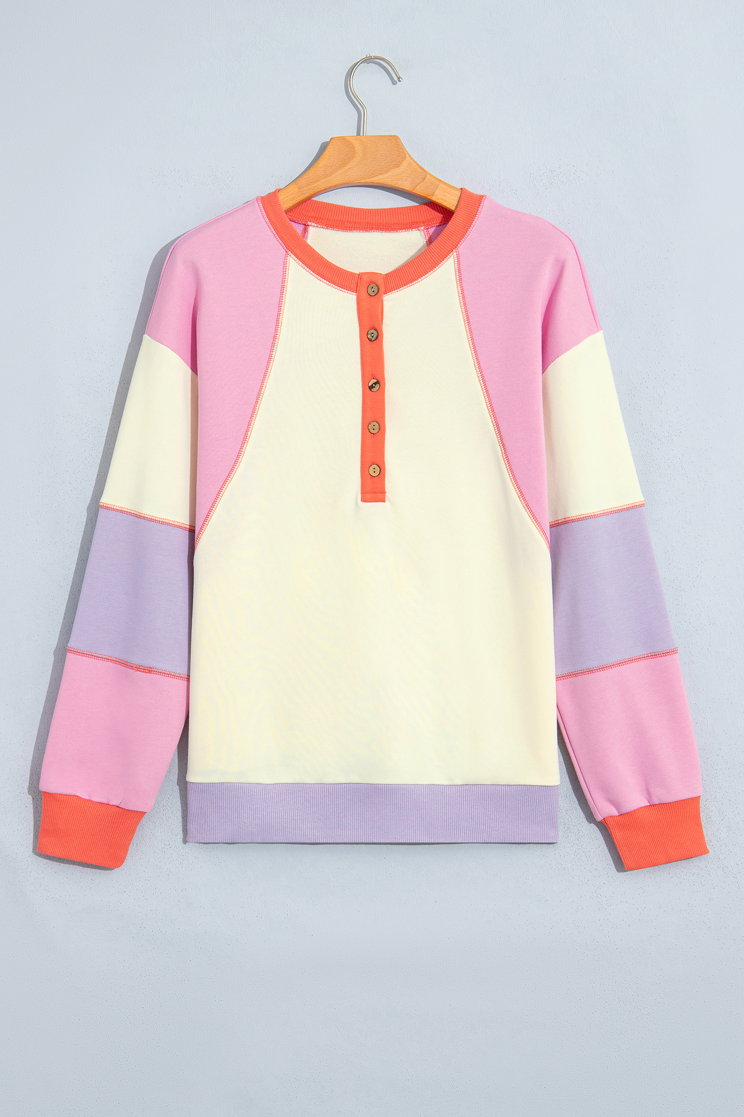 Pastel Women's Patchwork Henley, Color Block Autumn Top - Detail View 2