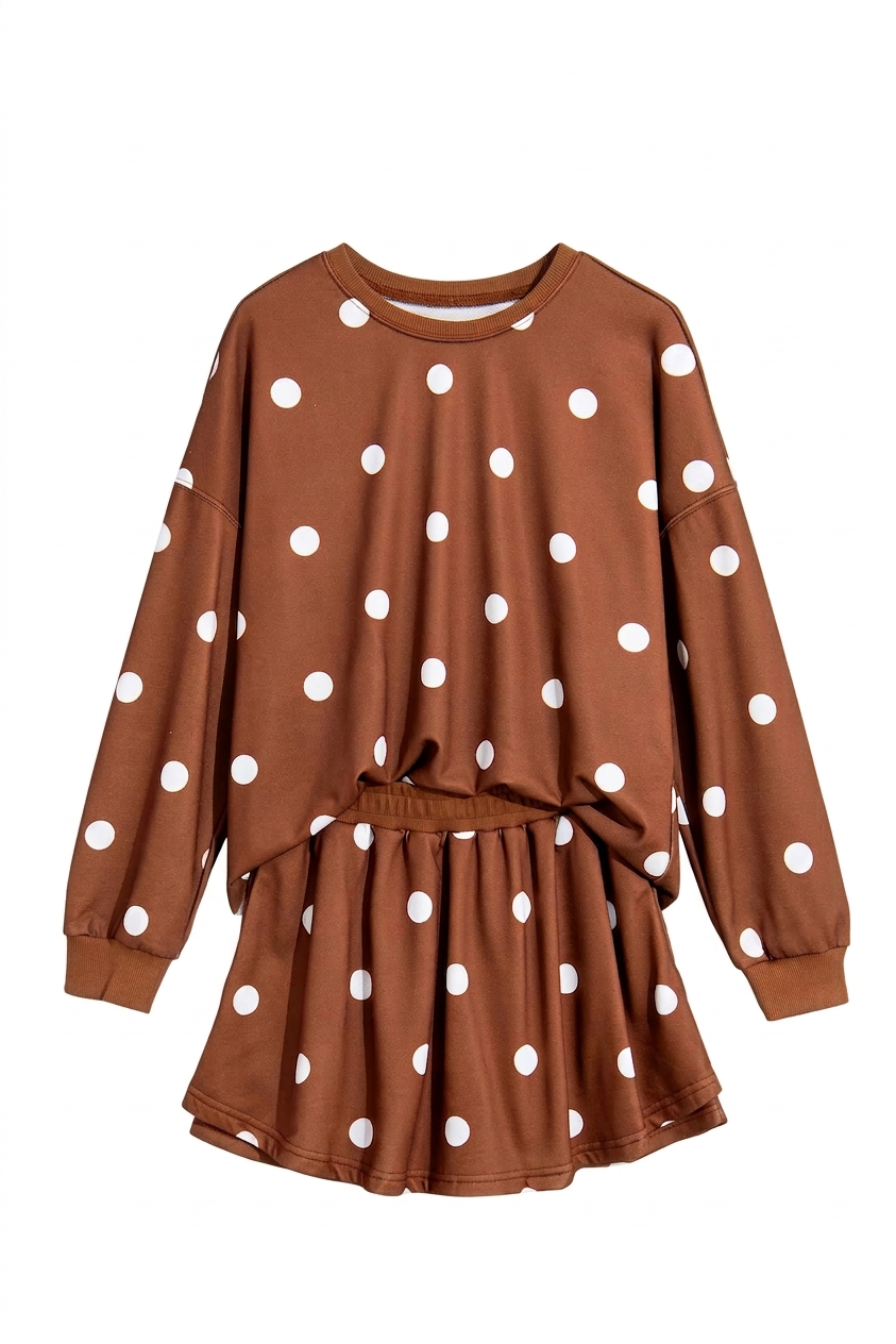 Women's Polka Dot Skort Set, Casual Brown Fall Lounge - Main View