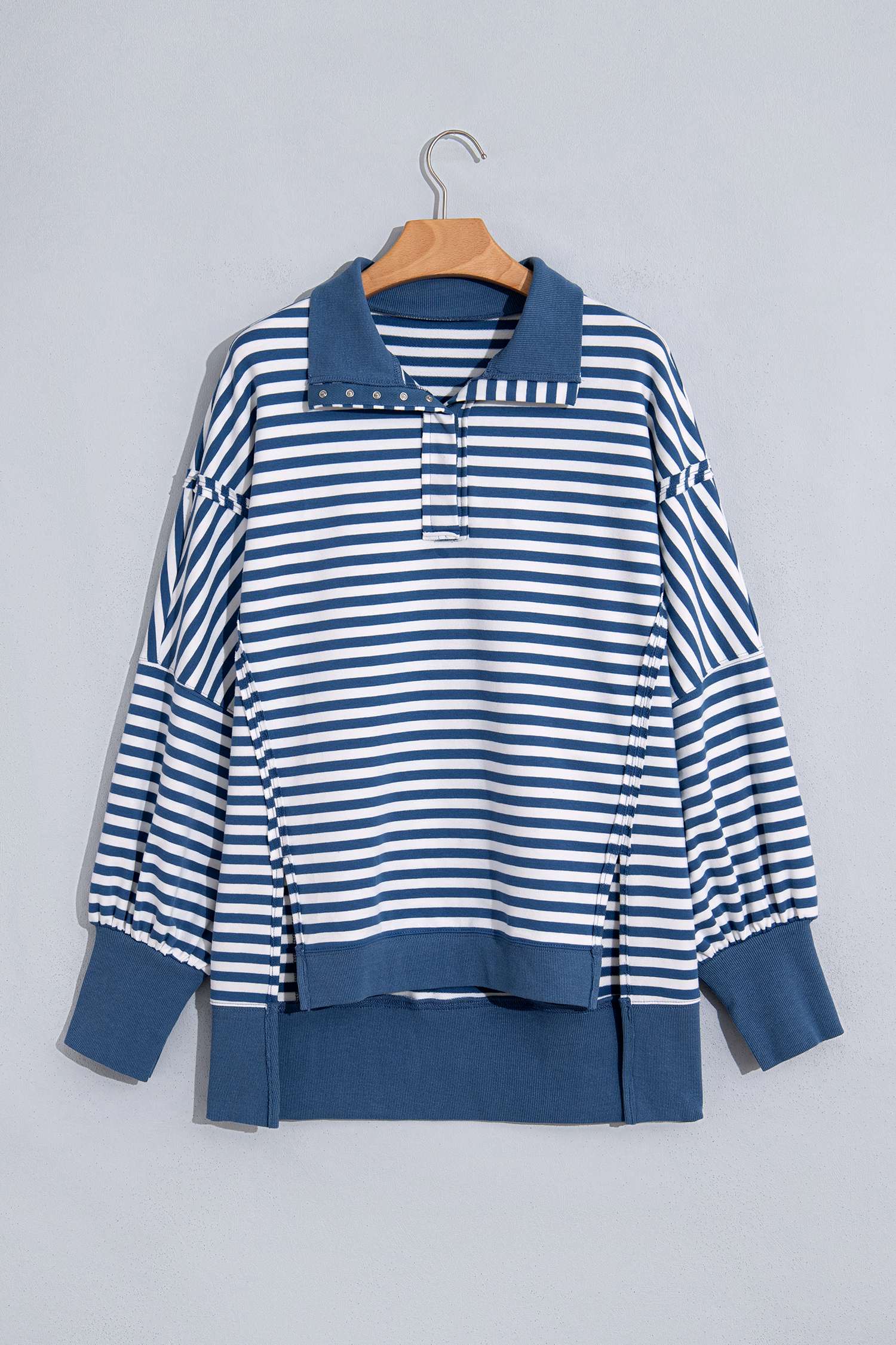 Blue Stripe Loose Pullover, Trendy Women's Sweatshirt - Detail View 8