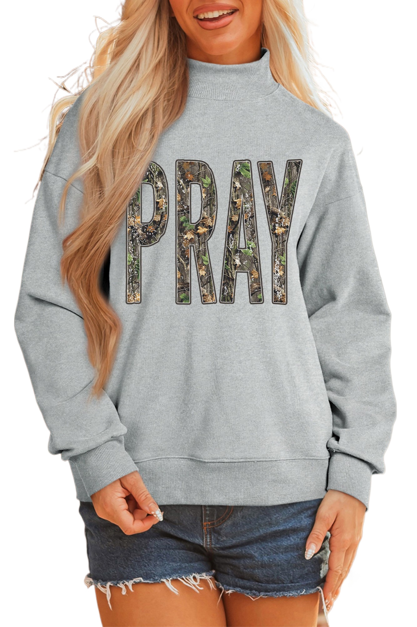 Women's Camo Pray Sweatshirt, Casual Mock Neck Pullover - Main View