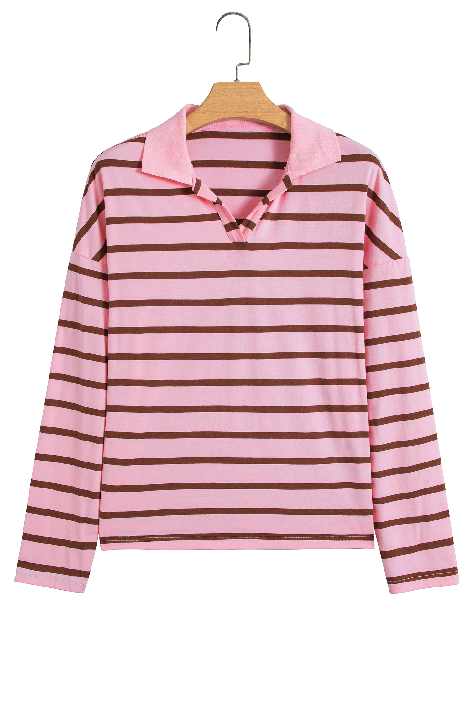 Women's Pink Stripe Collar Top, Chic Drop Sleeve Pullover - Detail View 5