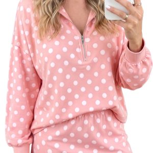 Women's Pink Polka Dot Skort Set, Casual Hooded Fall Outfit - Main View
