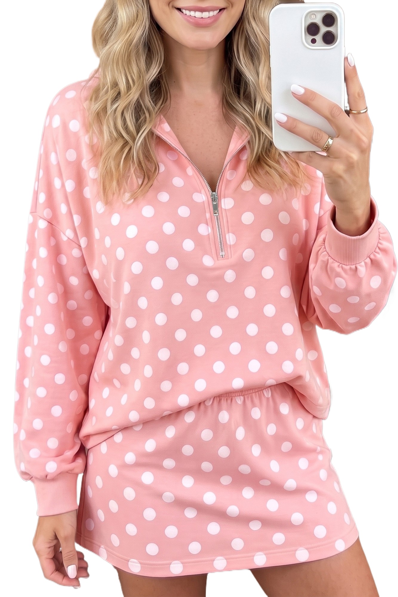 Women's Pink Polka Dot Skort Set, Casual Hooded Fall Outfit - Main View