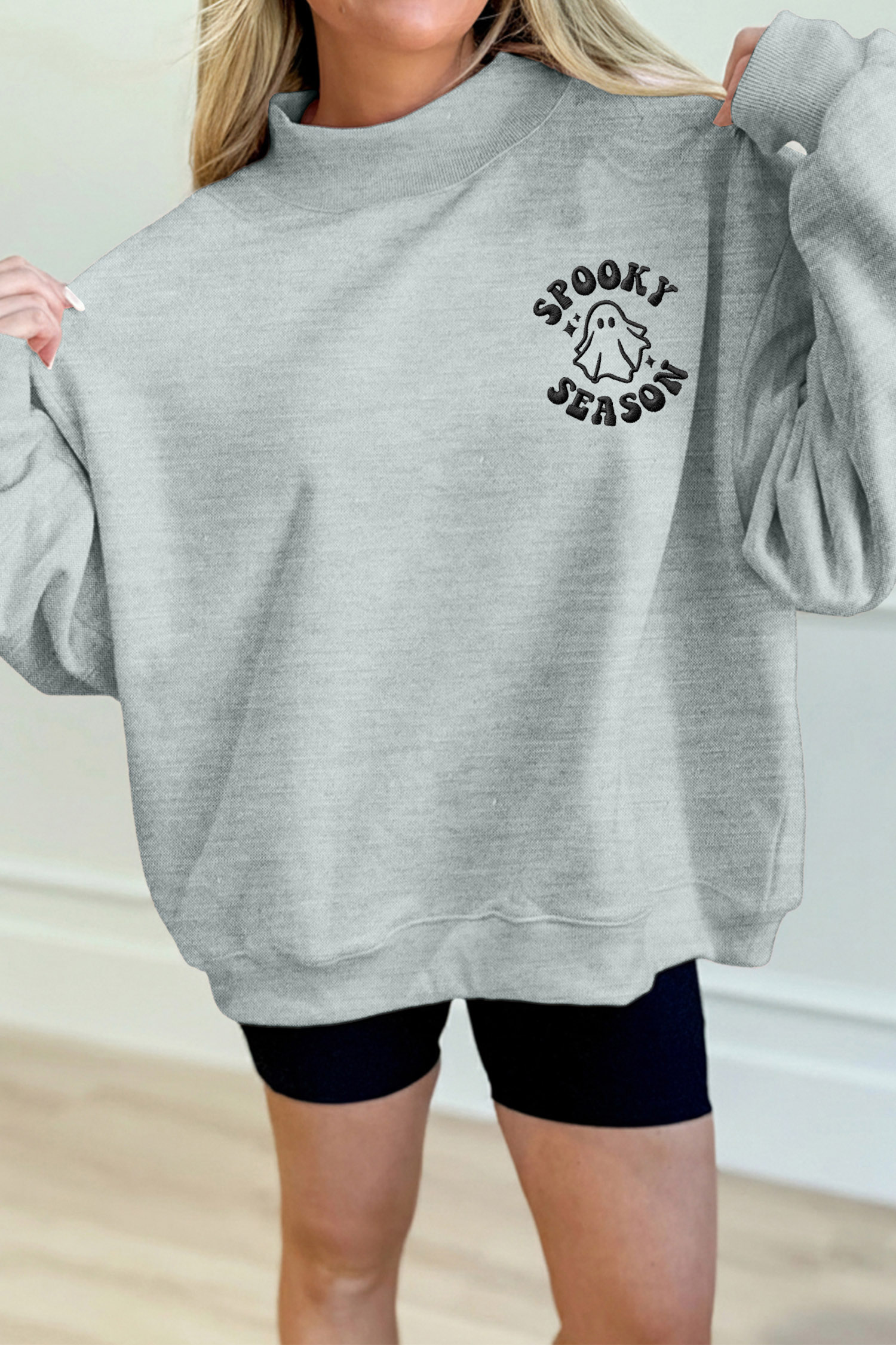 Women's Mock Neck Sweatshirt, Casual Spooky Season Gray - Detail View 7