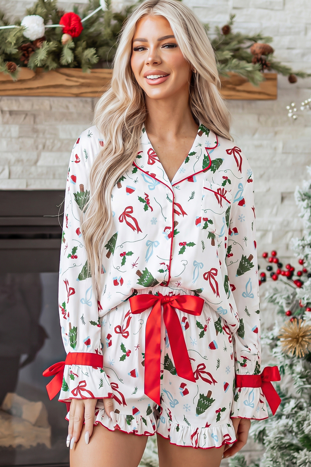 Cozy Women's Christmas PJs, Long Sleeve Lounge Set With Ties - Detail View 6