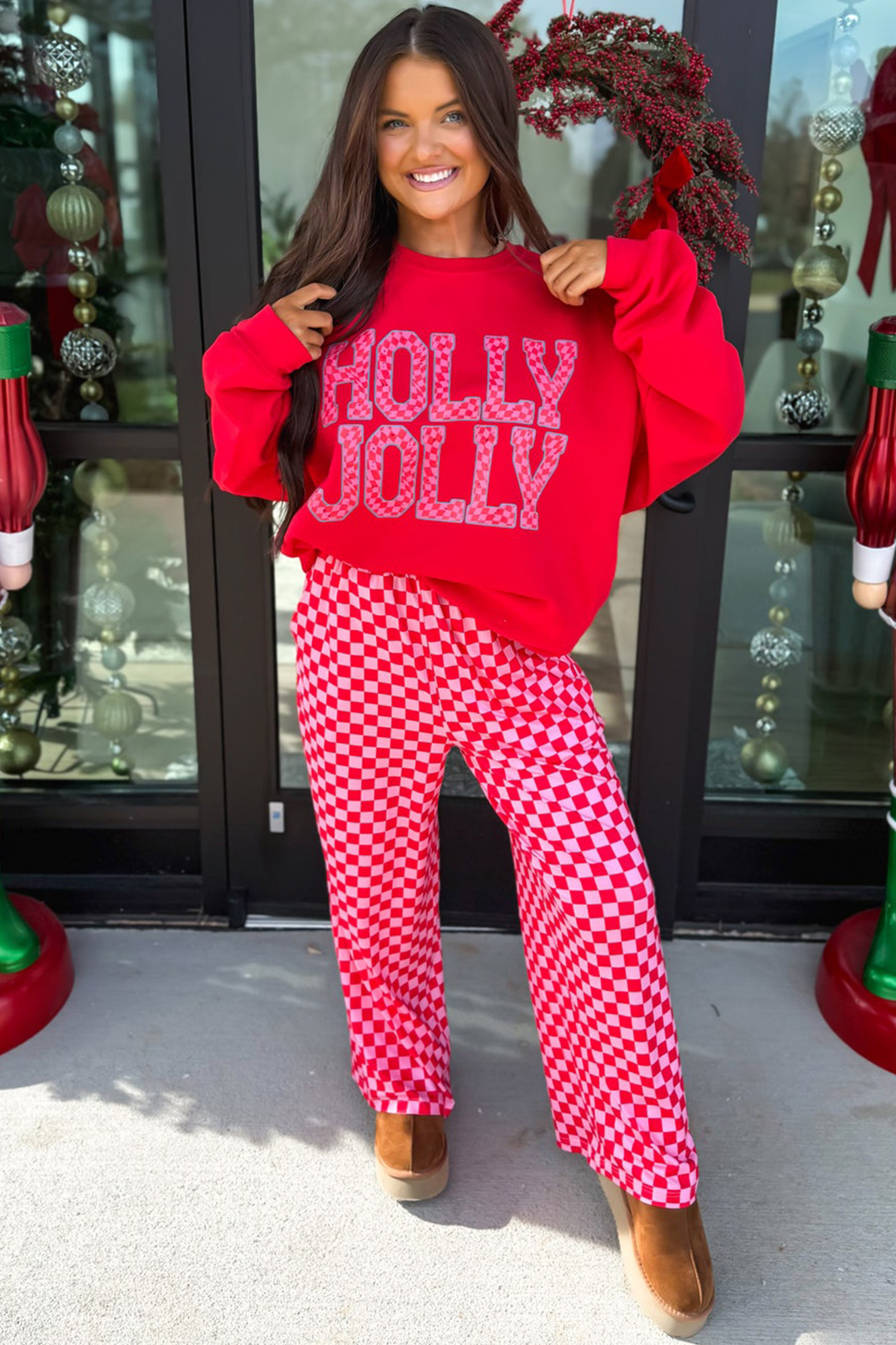 Cozy Red Christmas Pant Set, Soft Cotton Blend Women Pajamas - Detail View 6