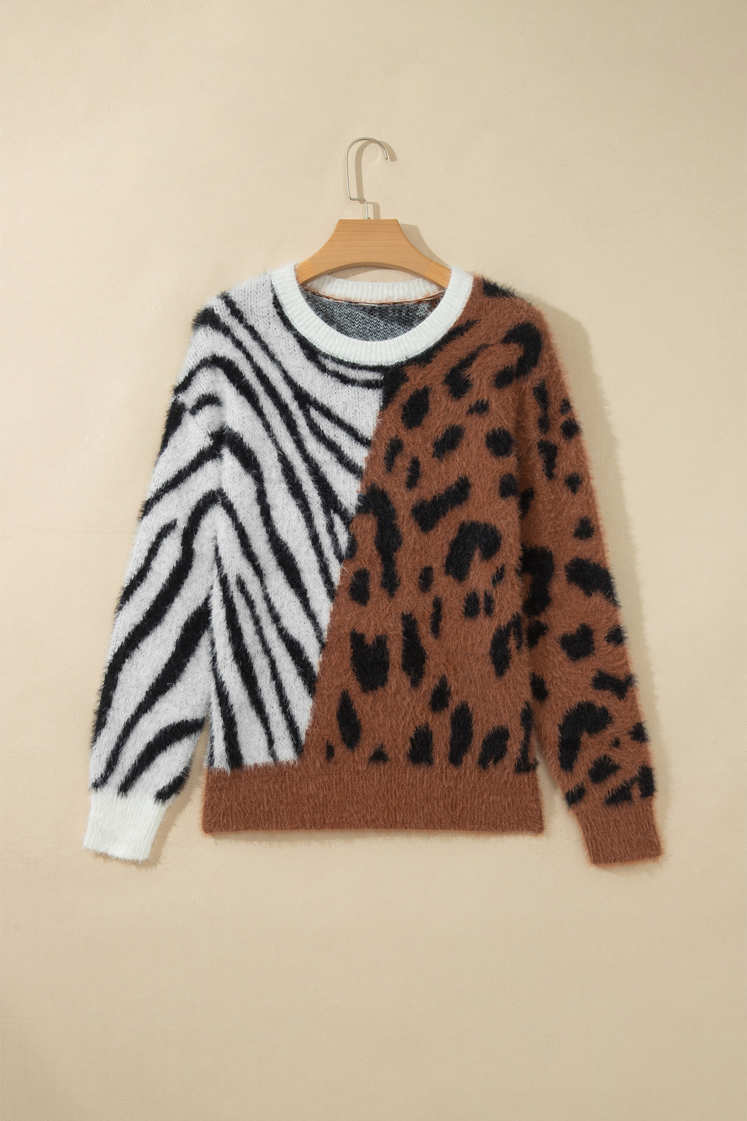 Women's Leopard Sweater, Western Zebra Print Round Neck - Detail View 2
