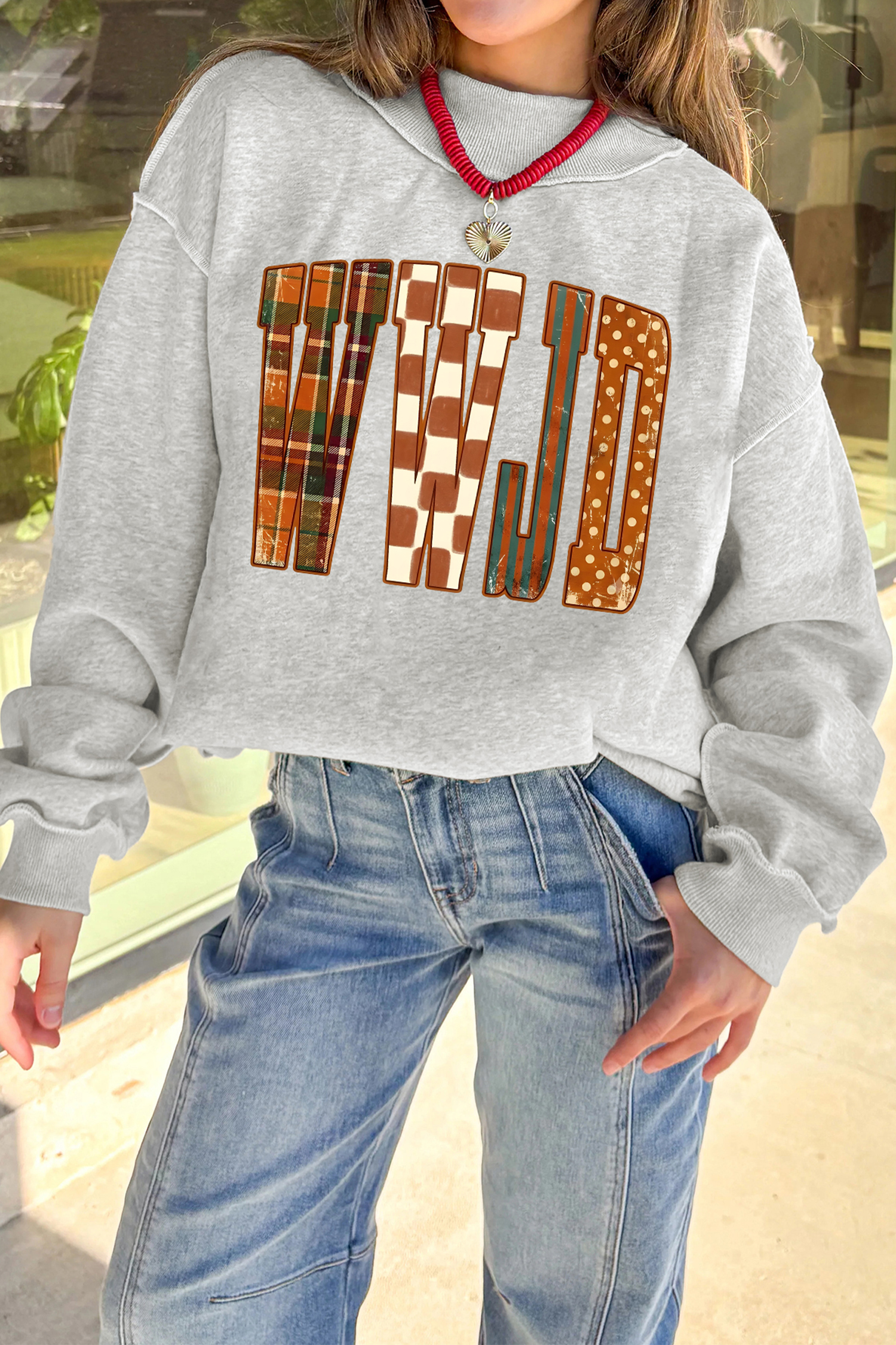 Women's WWJD Graphic Sweatshirt, Faith Print Autumn Top - Detail View 5