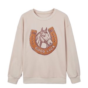 Western Horse Print Sweatshirt, Beige Casual Women Top - Main View