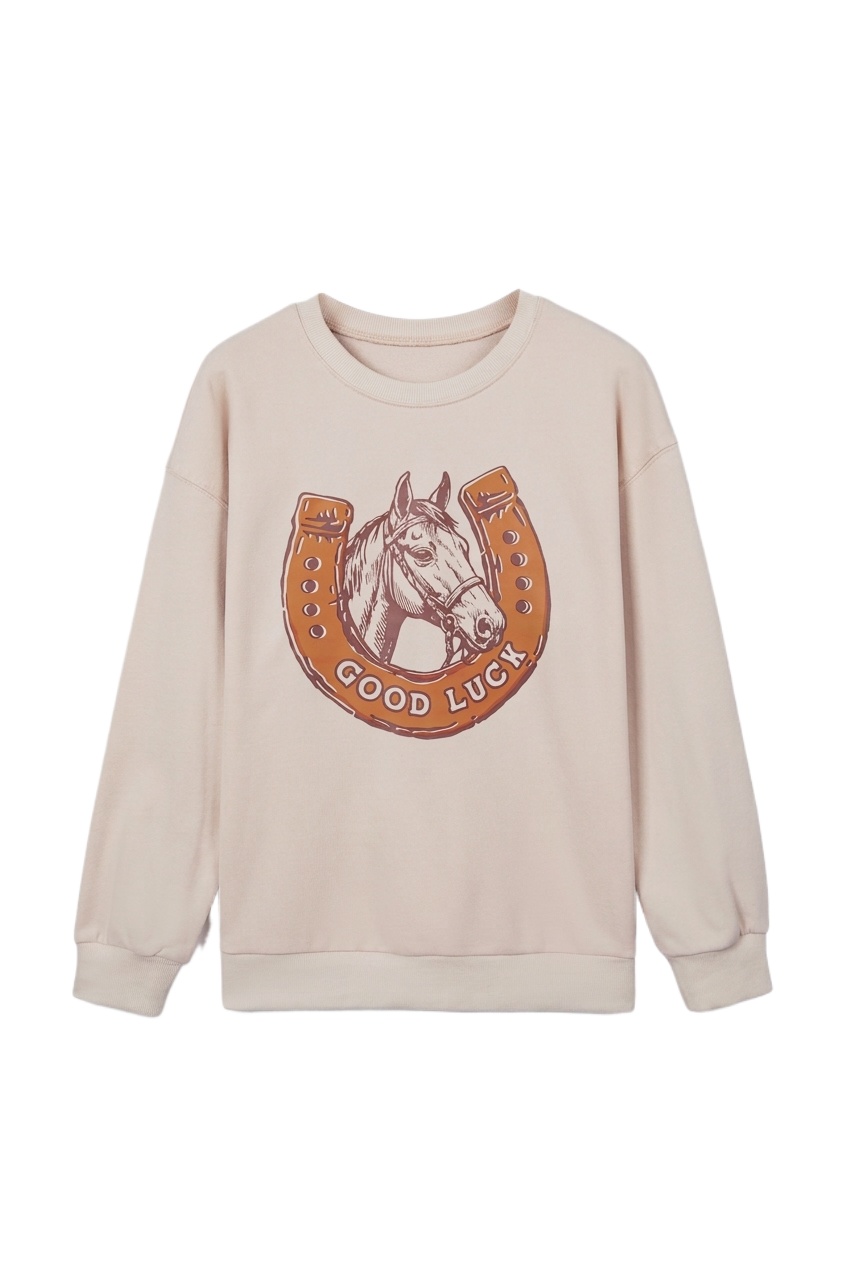 Western Horse Print Sweatshirt, Beige Casual Women Top - Main View